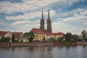 Beautiful landscape of St. John the Baptist Cathedral with Odra River in Wrocław, Poland.